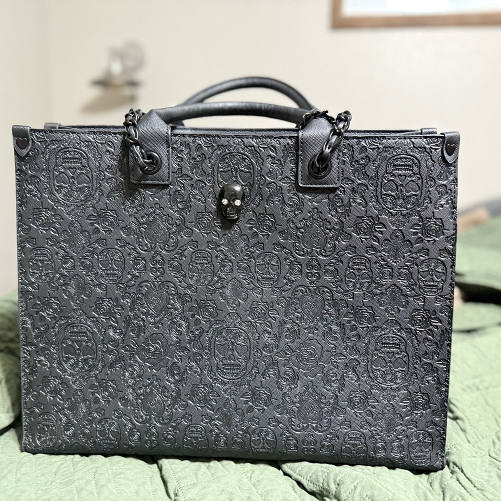 Betsey Johnson Black Embossed Skull Tote Bag